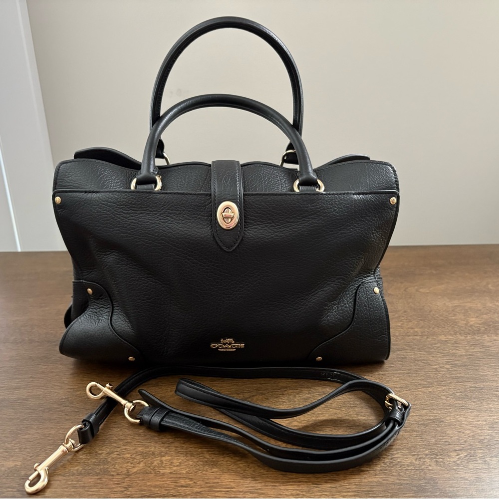 Coach Mercer Black Leather Satchel with Gold Accents